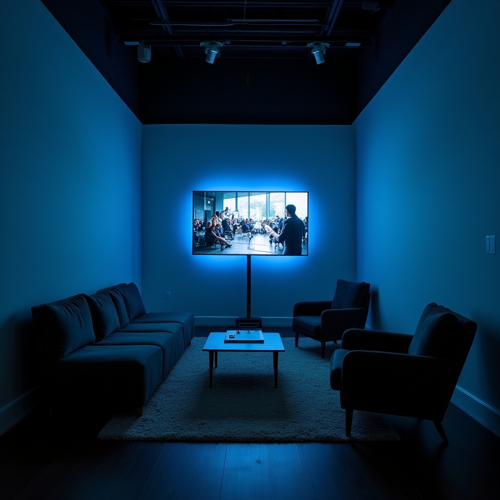 Client lounge seating area with a live monitor feed showing the current shoot in progress